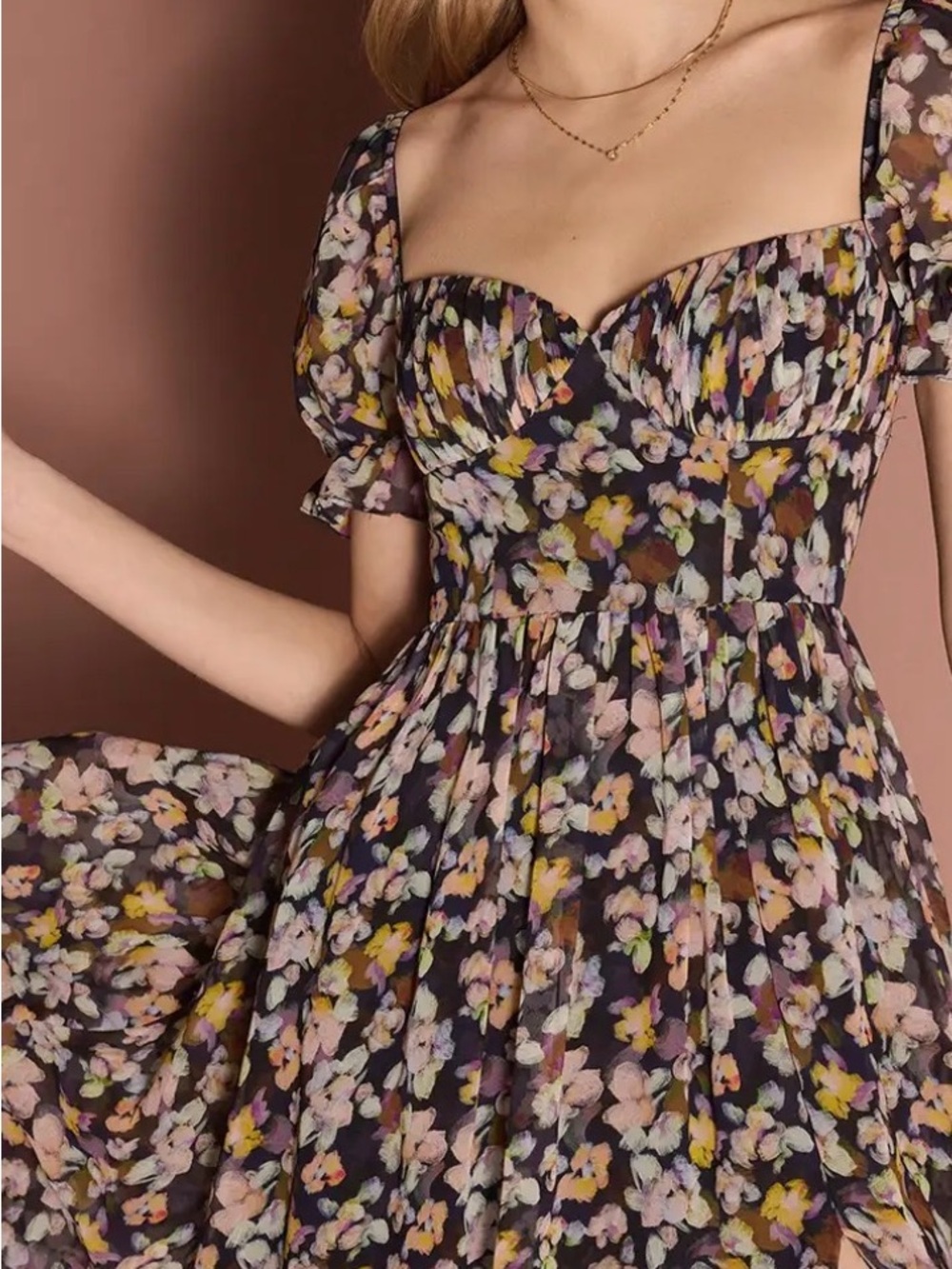 Azazie Black Floral Sweetheart Puff-Sleeve Midi Dress